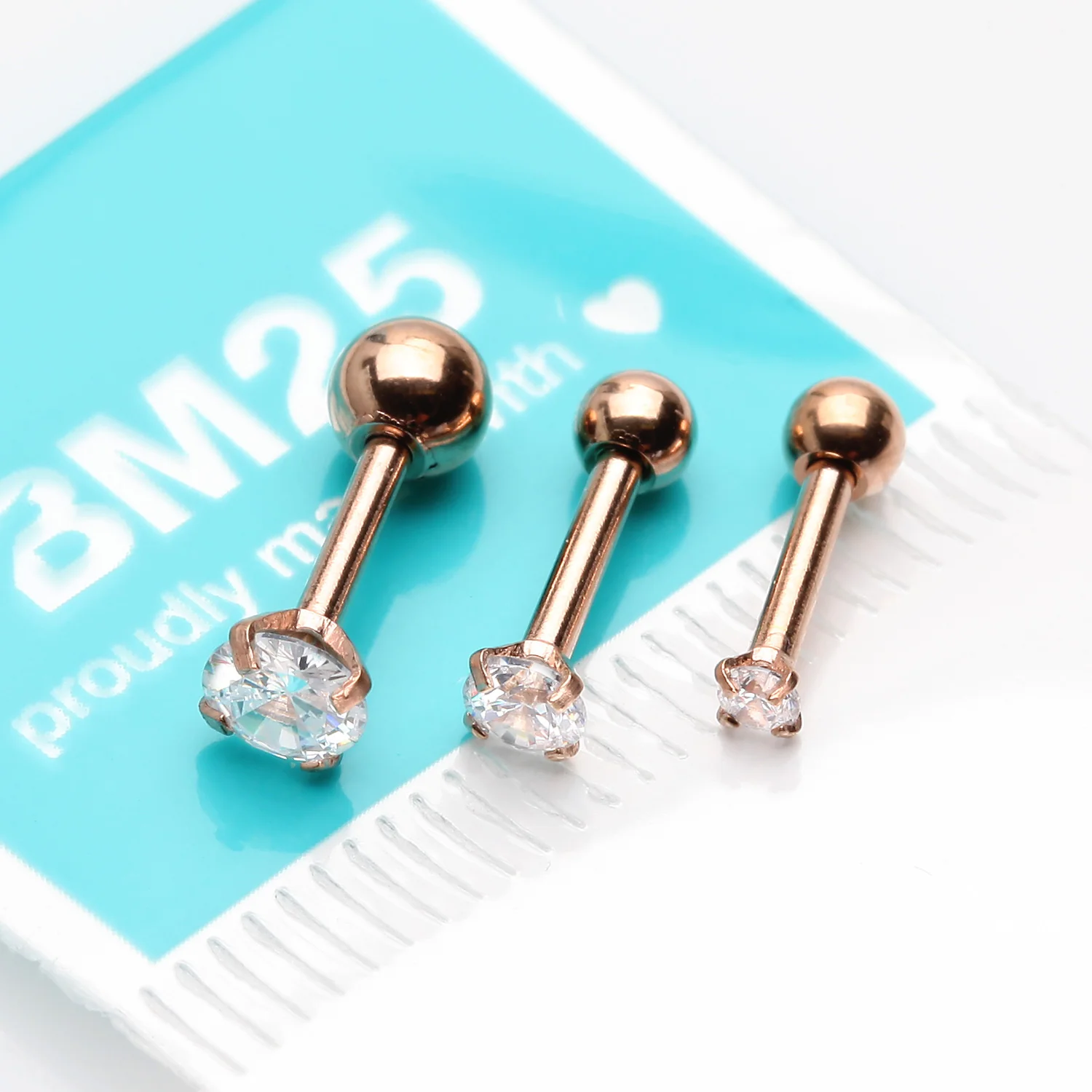 3 Pcs of Rose Gold Assorted Prong Set Gems Cartilage Tragus Barbell Earring Package - Image 2