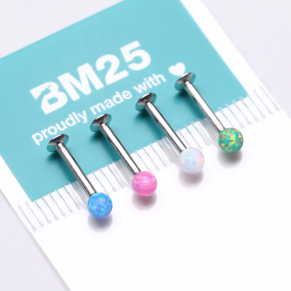 4 Pcs of Assorted Fire Opal Ball Top Internally Threaded Labret Flat Back Stud Package - Image 4