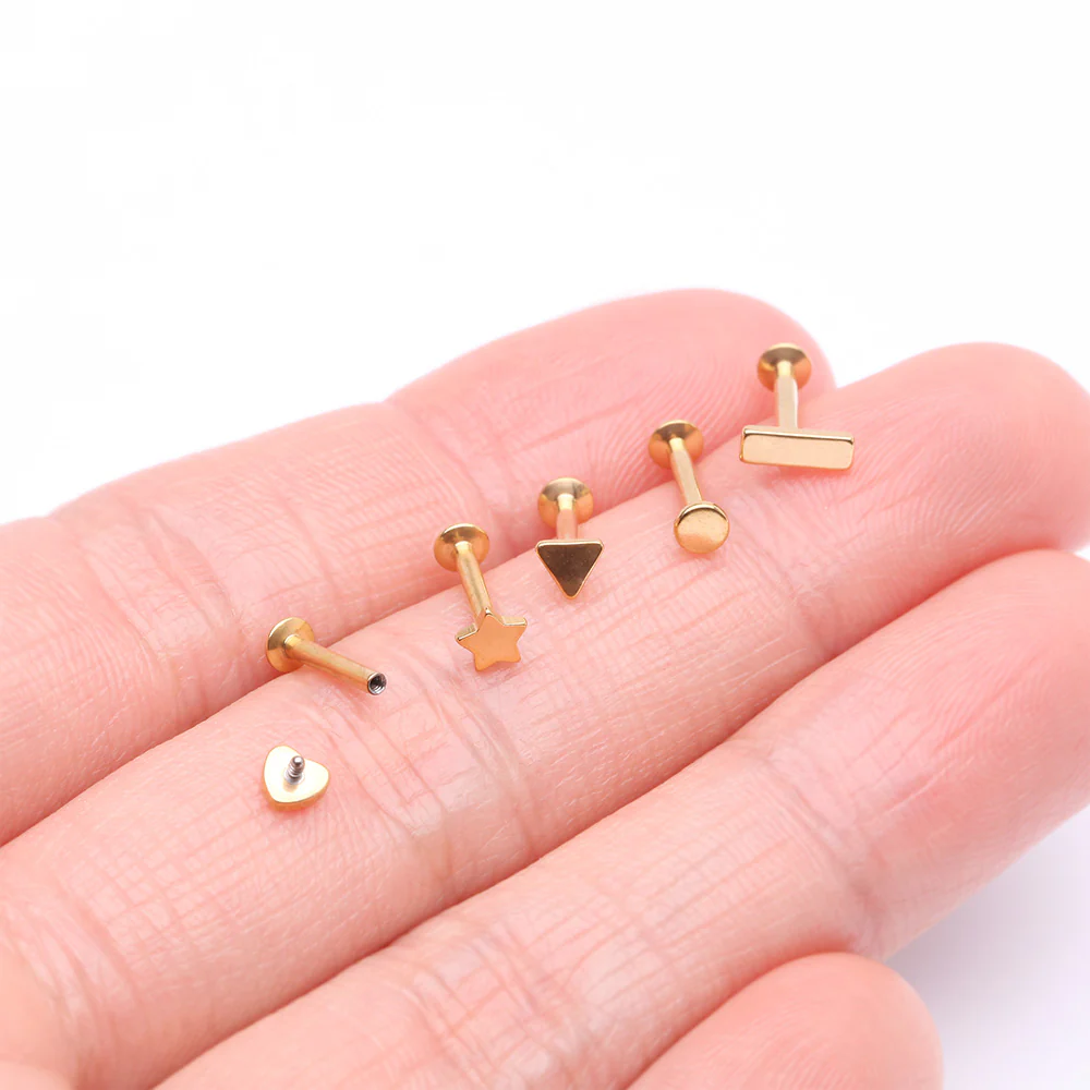 5 Pcs of Assorted Style Golden Minimalistic Internally Threaded Labret Flat Back Stud Package - Image 3
