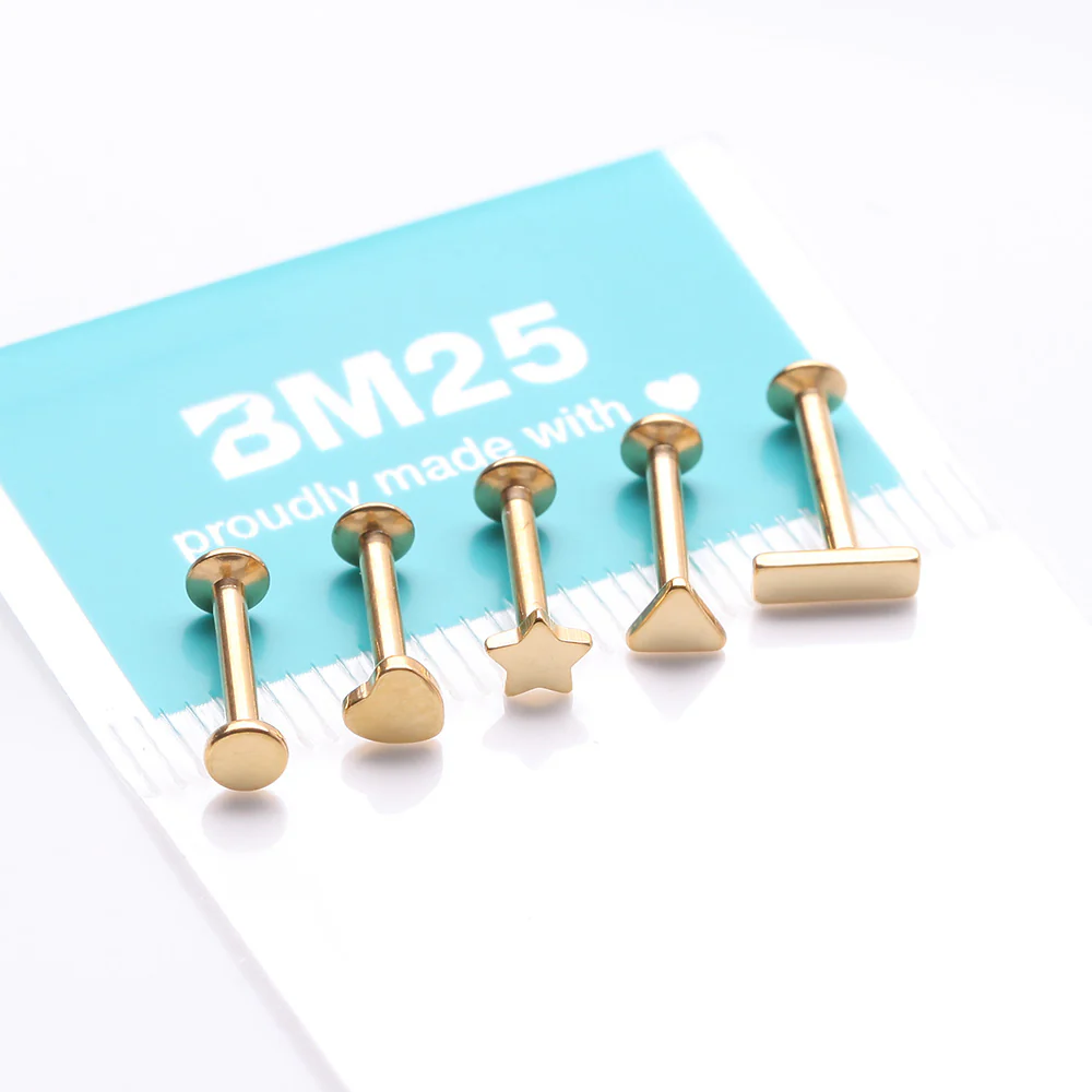 5 Pcs of Assorted Style Golden Minimalistic Internally Threaded Labret Flat Back Stud Package - Image 4