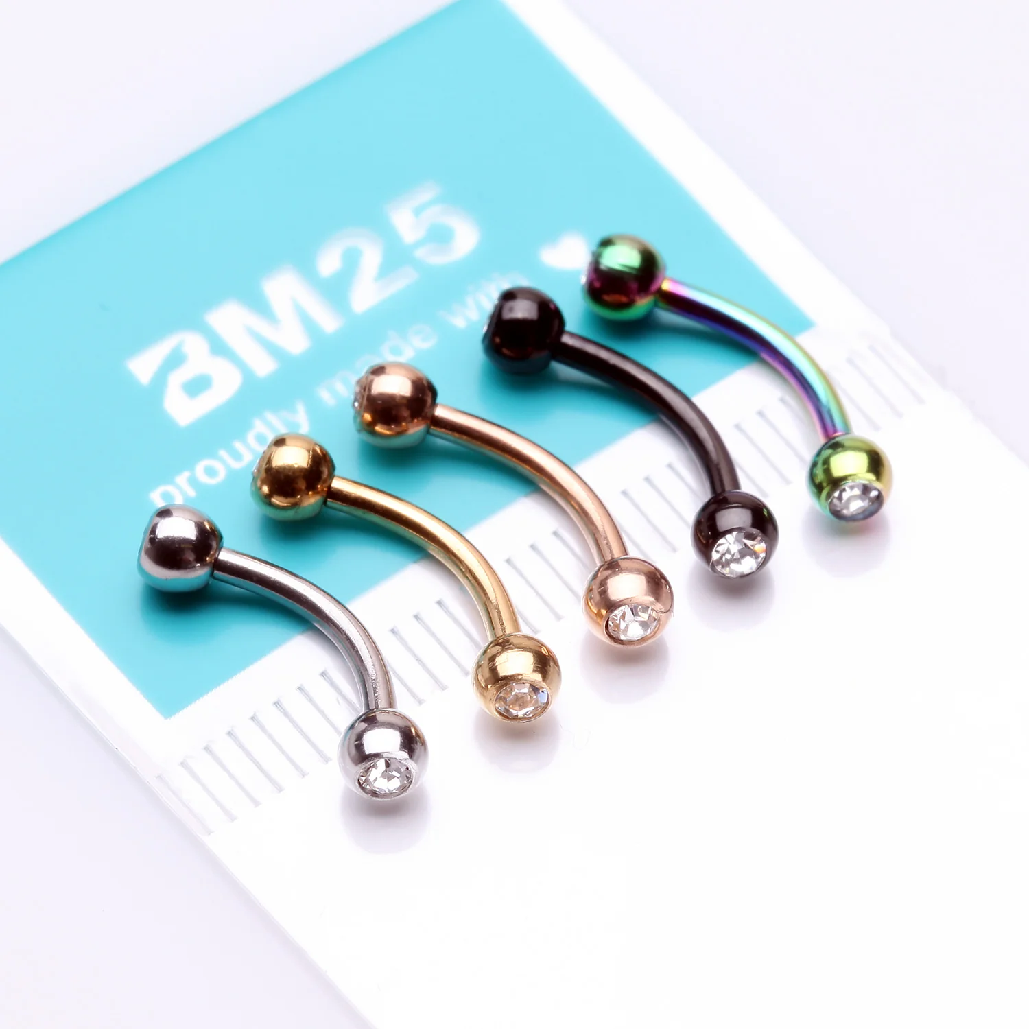 5 Pcs of Assorted Color Plated Gem Ball Steel Curved Barbell Package - Image 2