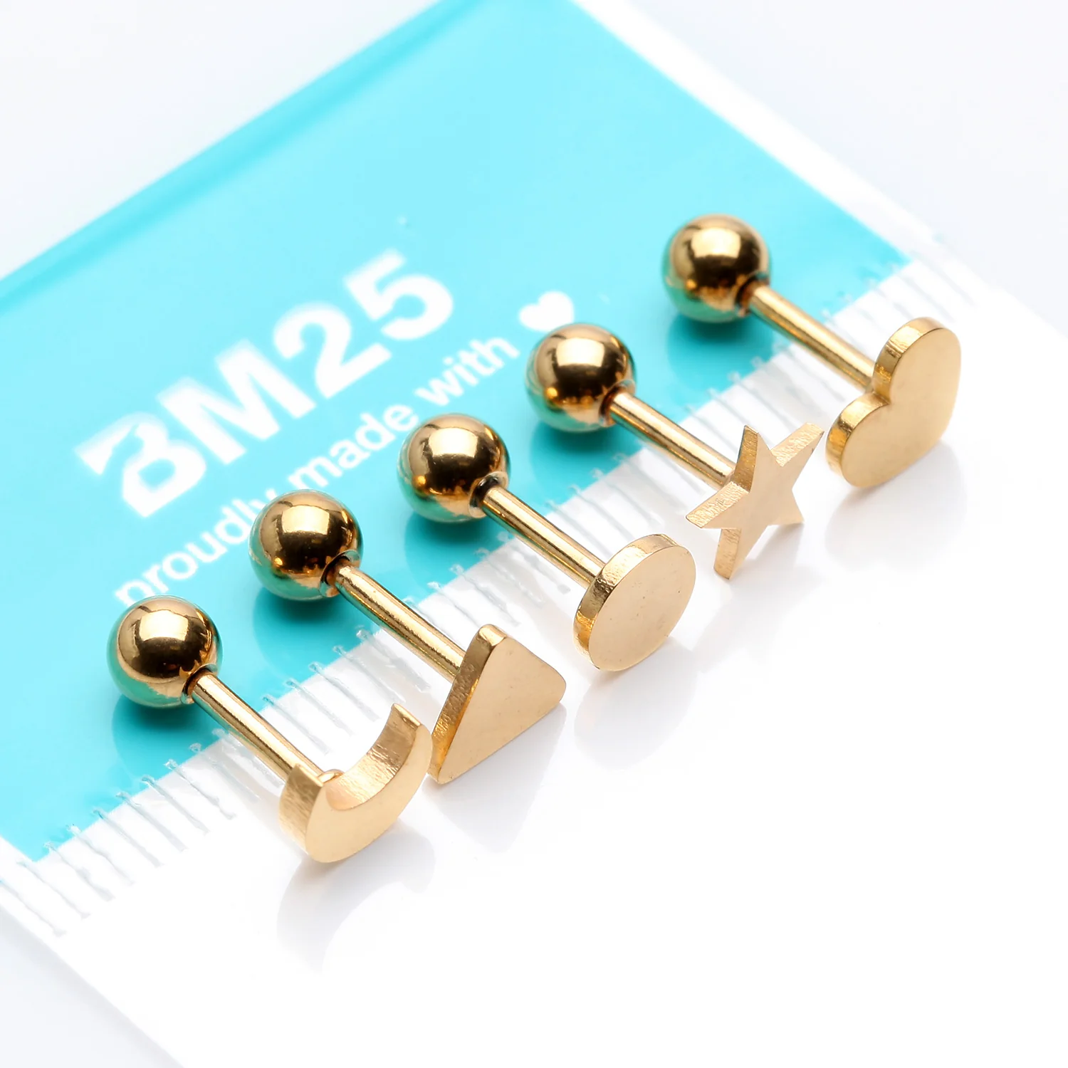 5 Pcs of Golden Assorted Shapes Cartilage Tragus Barbell Earring Package - Image 2