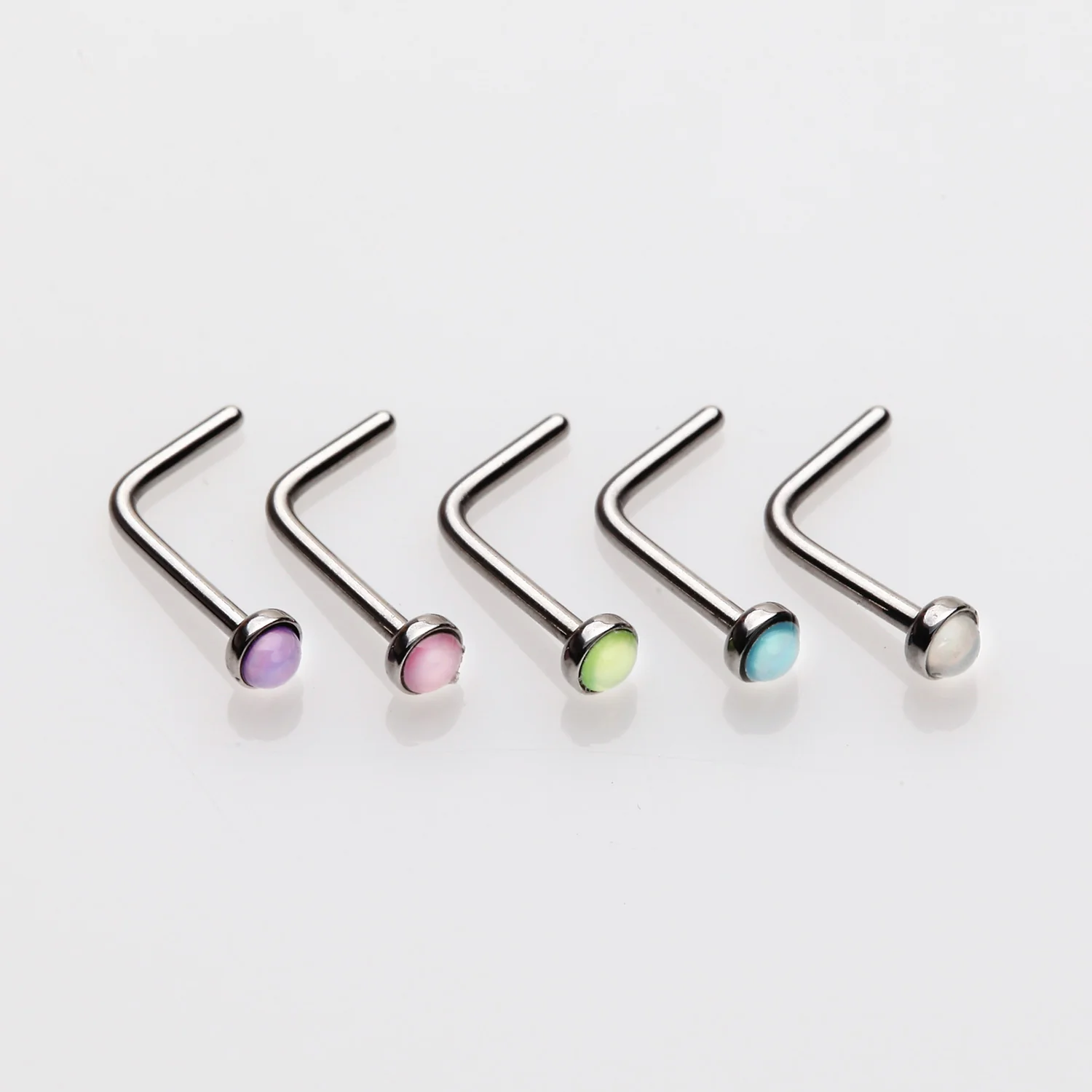 5 Pcs of Iridescent Revo Bezel Set L-Shaped Nose Ring Package