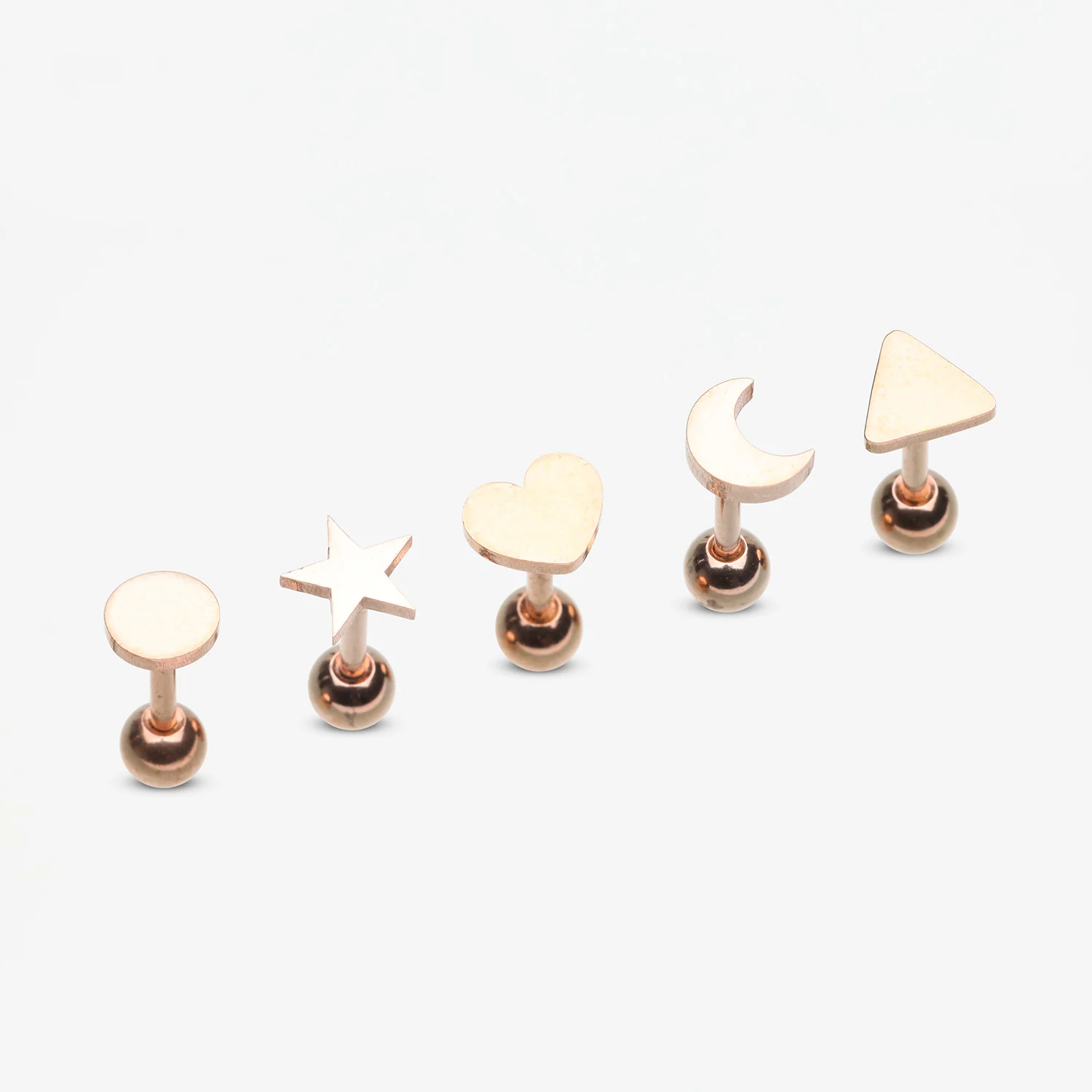 5 Pcs of Rose Gold Assorted Shapes Cartilage Tragus Barbell Earring Package