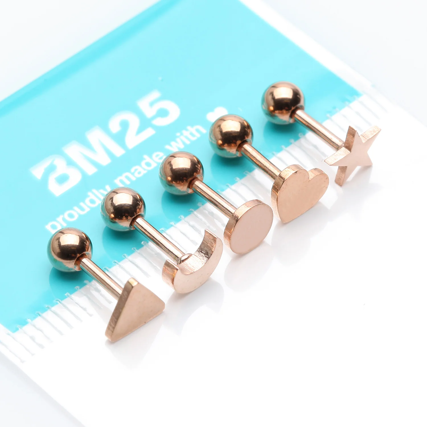 5 Pcs of Rose Gold Assorted Shapes Cartilage Tragus Barbell Earring Package - Image 2