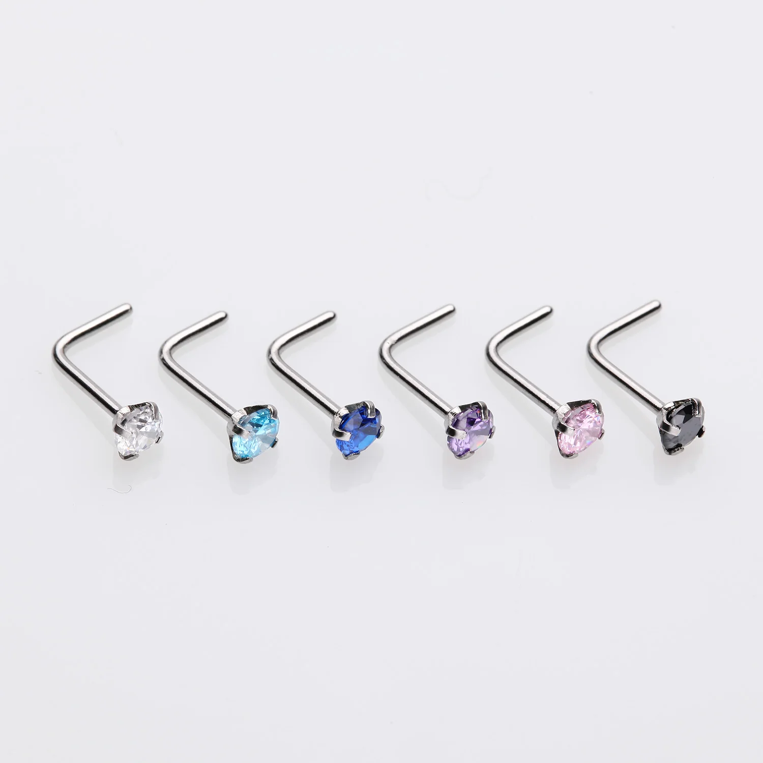 6 Pcs of Assorted Color Prong Set Gemstone L-Shaped Nose Ring Package