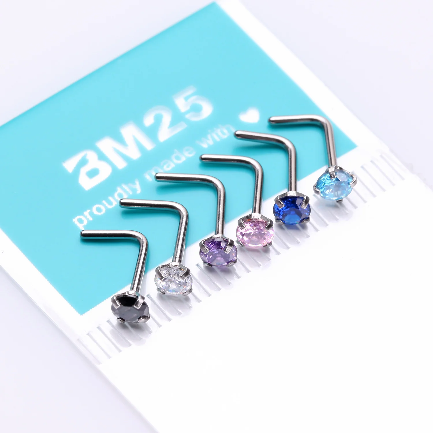 6 Pcs of Assorted Color Prong Set Gemstone L-Shaped Nose Ring Package - Image 2