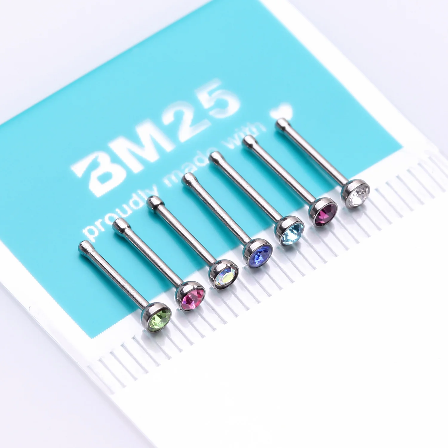 7 Pcs of Assorted Color Gemstone Steel Nose Stud Ring Package - Image 2