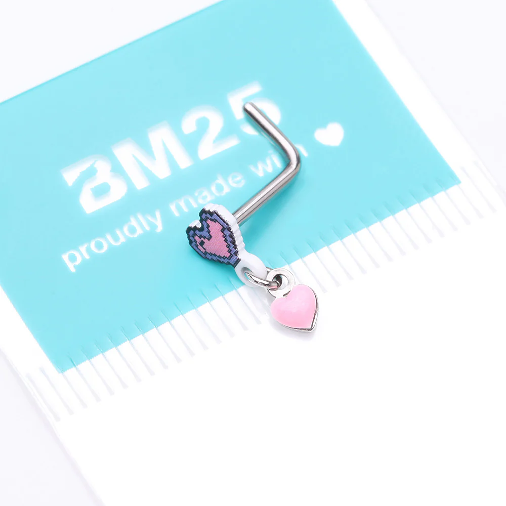 8-Bit Pixel Heart Dangle Gamer L-Shaped Nose Ring - Image 5