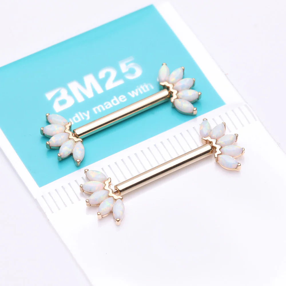 A Pair of 14 Karat Gold OneFit Threadless Marquise Fire Opal Floral Nipple Barbell - Image 4
