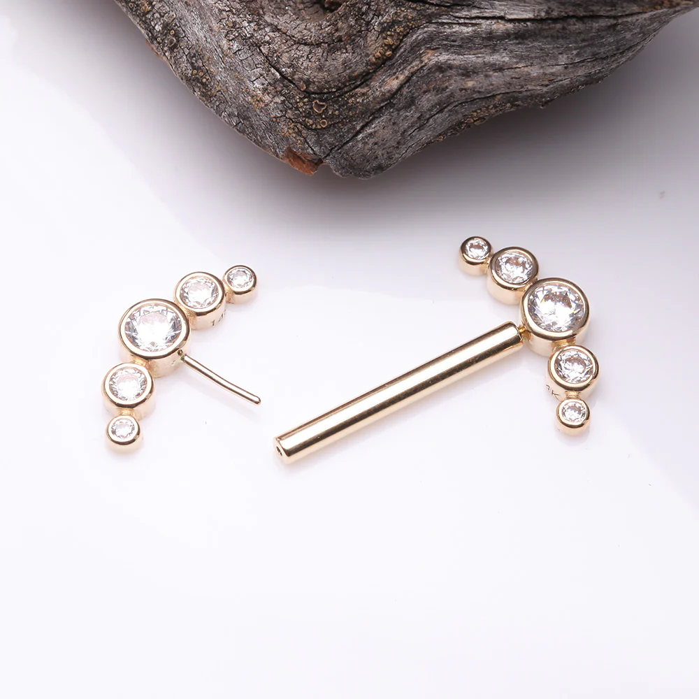 A Pair of 14 Karat Gold OneFit Threadless Sparkle Ray Multi-Gem Nipple Barbell - Image 3