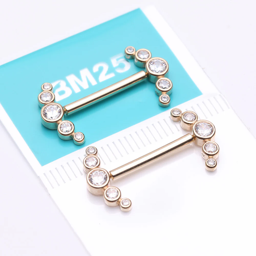 A Pair of 14 Karat Gold OneFit Threadless Sparkle Ray Multi-Gem Nipple Barbell - Image 4