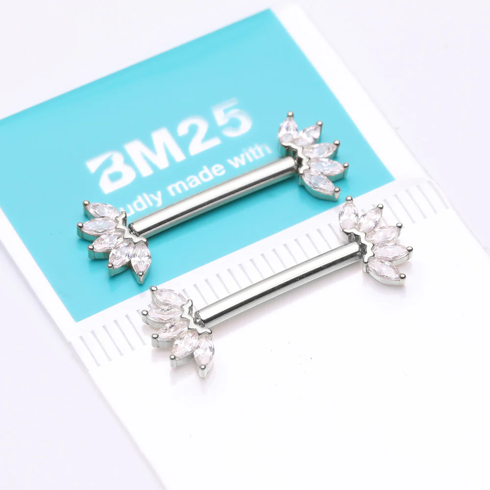 A Pair of 14 Karat White Gold OneFit Threadless Marquise Sparkle Floral Nipple Barbell - Image 4
