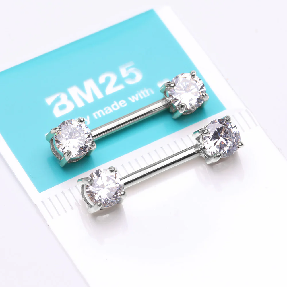 A Pair of 14 Karat White Gold Prong Set Gem Sparkle Nipple Barbell - Image 3