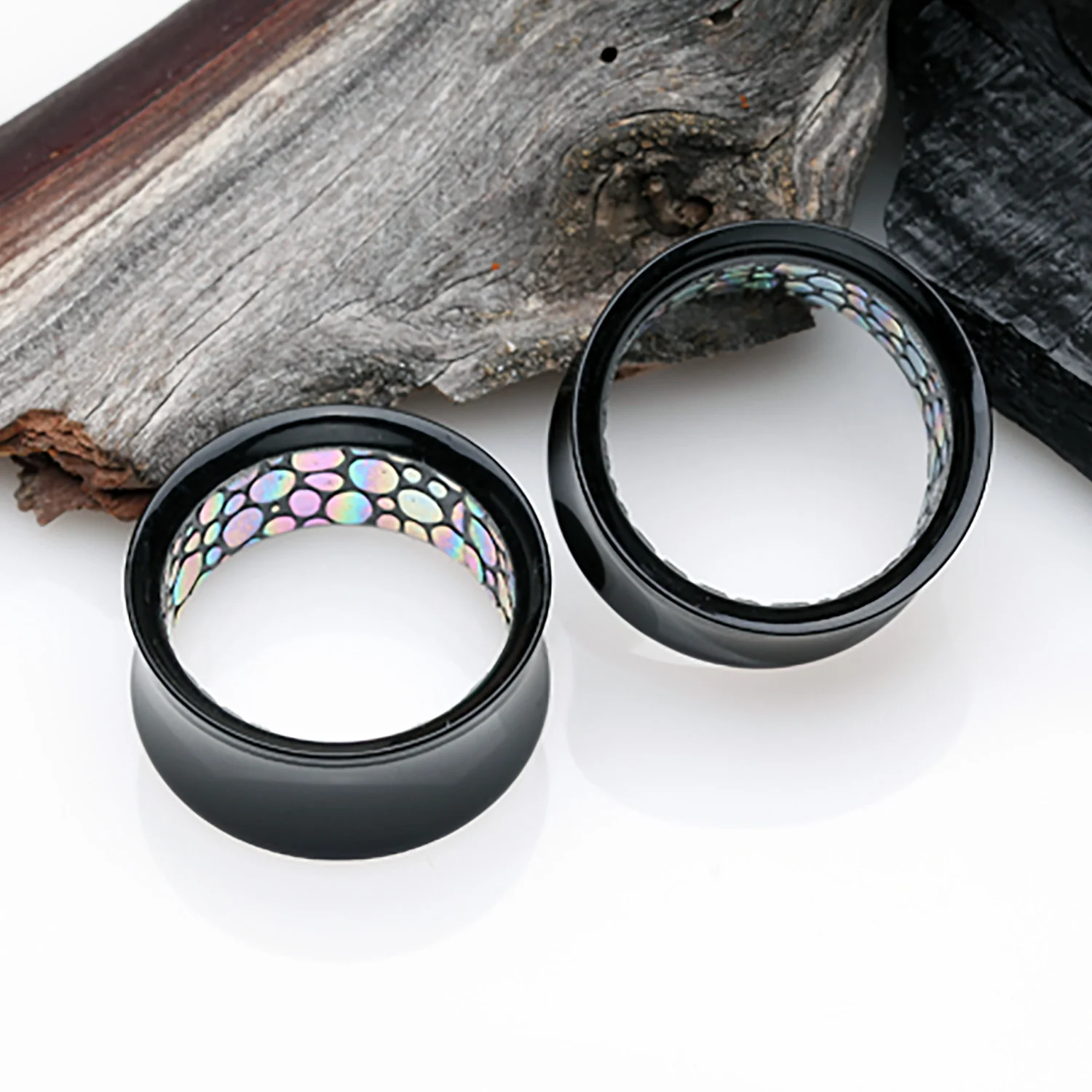 A Pair of Abalone Pattered Lining Acrylic Double Flared Tunnel Plug - Image 2