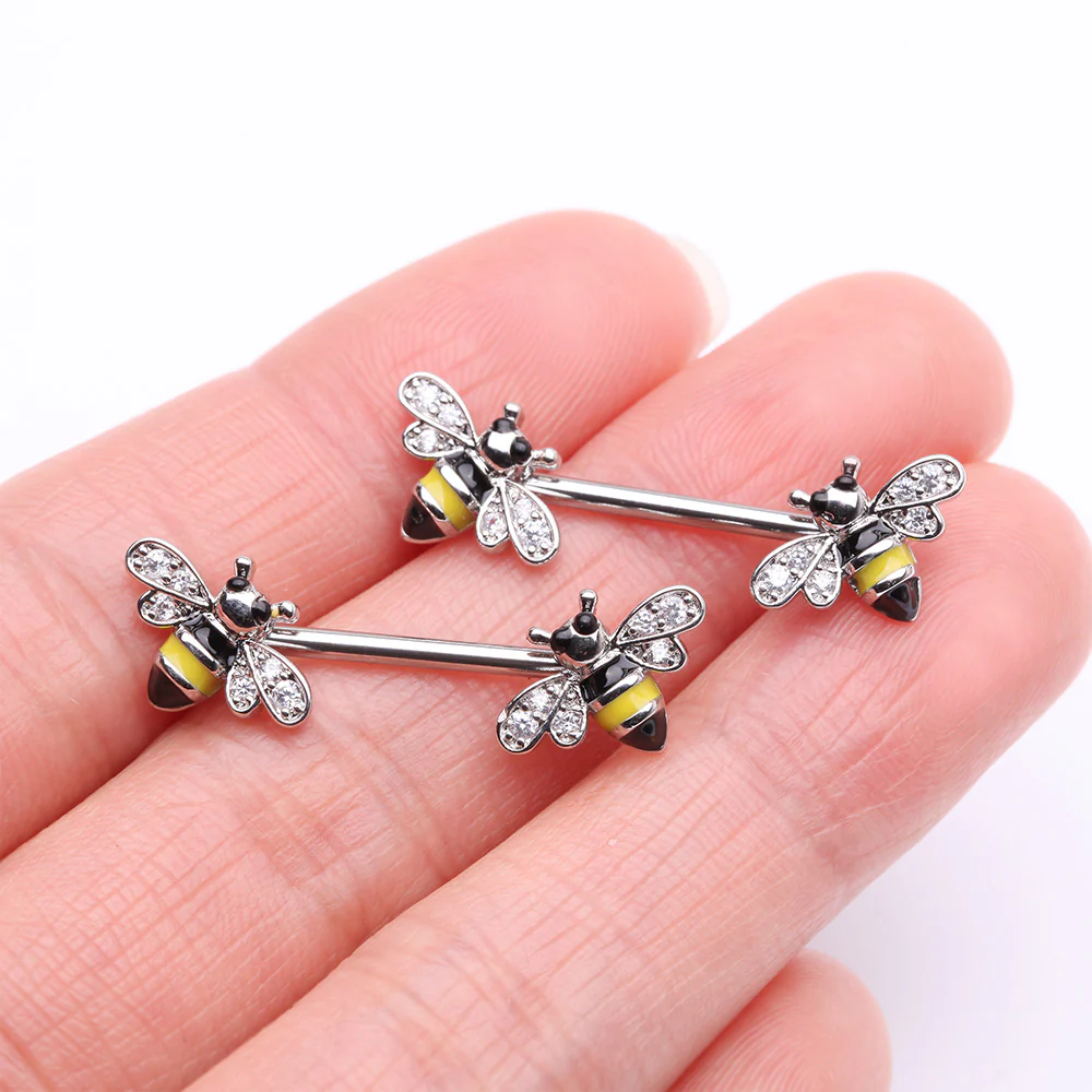 A Pair of Adorable Bumble Bee Sparkle Nipple Barbell - Image 3