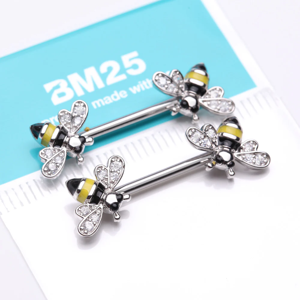 A Pair of Adorable Bumble Bee Sparkle Nipple Barbell - Image 4