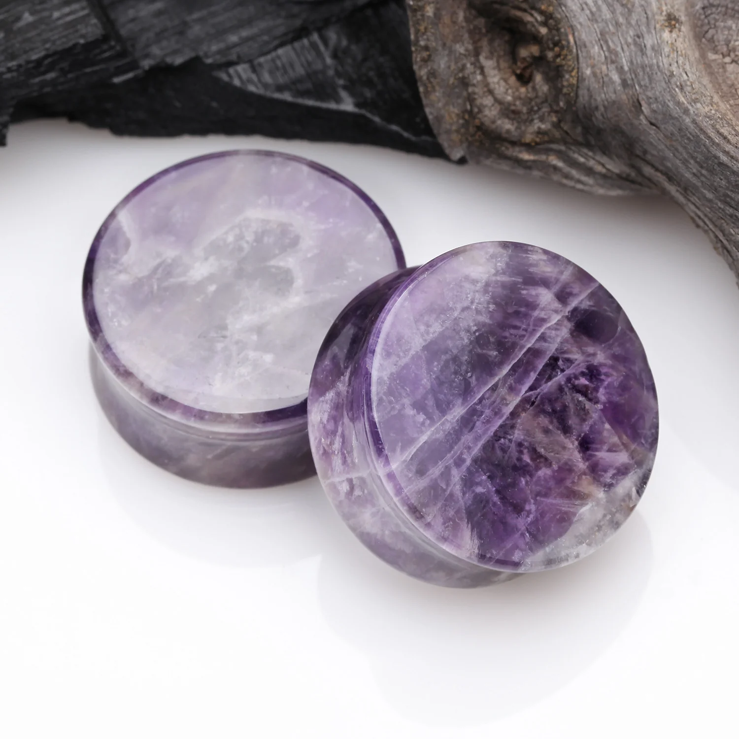 A Pair of Amethyst Quartz Stone Double Flared Ear Gauge Plug - Image 2