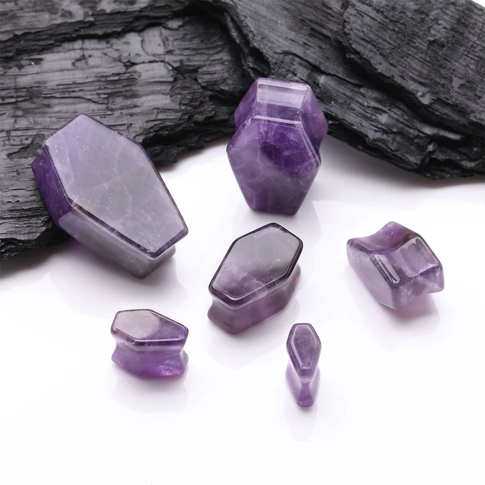 A Pair of Amethyst Stone Casket Coffin Double Flared Plug - Image 3