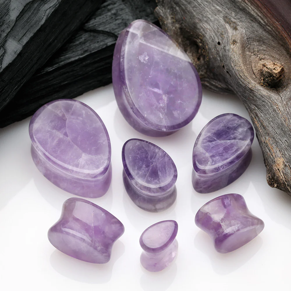 A Pair of Amethyst Stone Teardrop Double Flared Ear Gauge Plug - Image 3