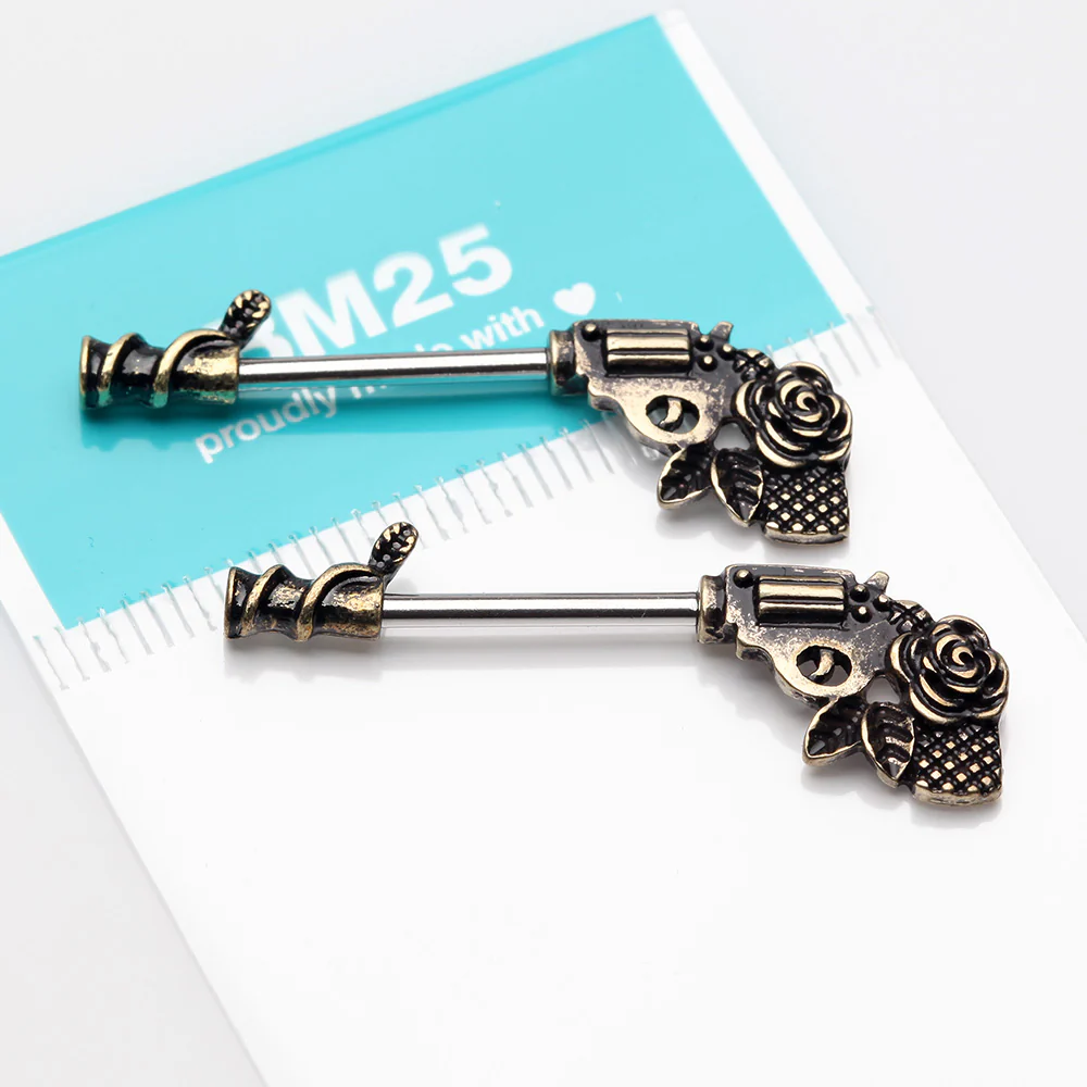 A Pair of Antique Brass Rose Vine Pistol Gun Nipple Barbell - Image 3