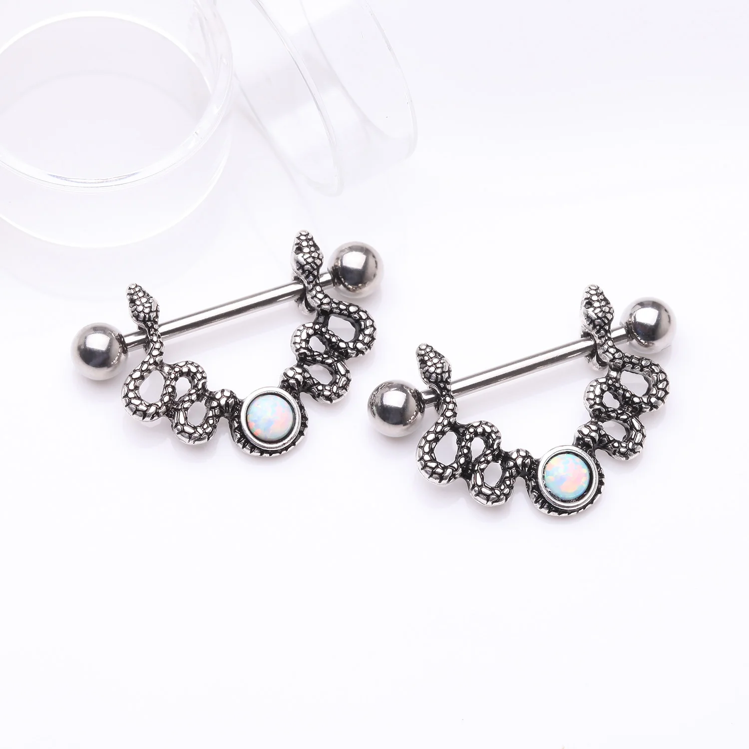 A Pair of Antique Serpent Snake Swirl Opal Sparkle Nipple Shield Ring-White Opal - Image 2