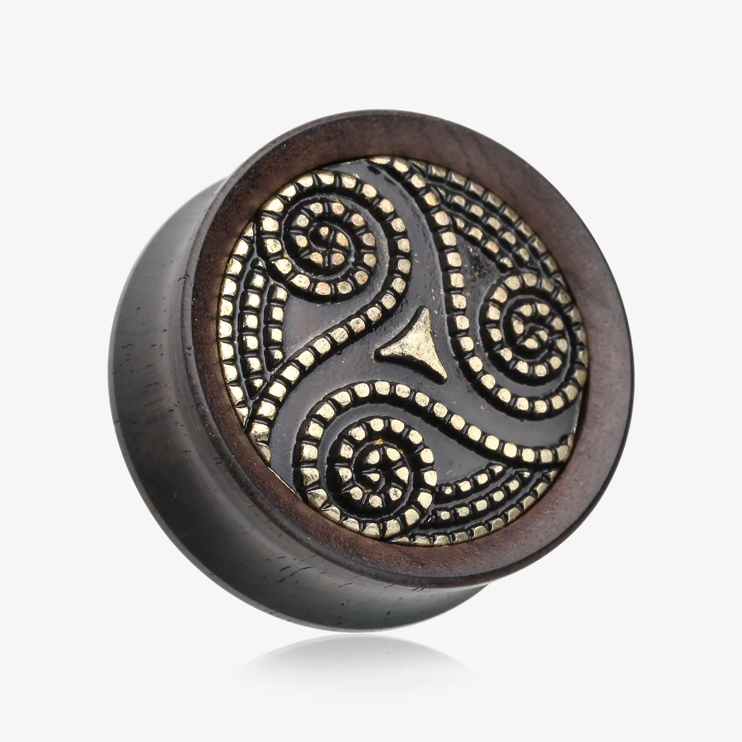 A Pair of Antique Triskelion Spiral Decorated Ebony Wood Double Flared Plug