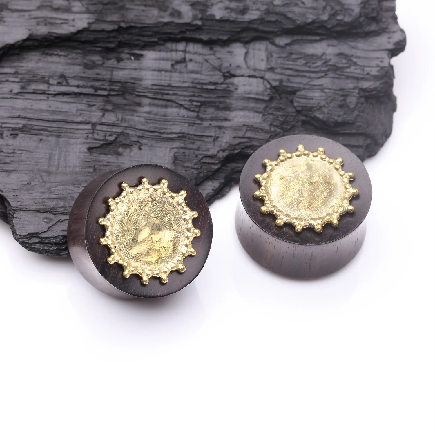 A Pair of Bali Cax Hammered Golden Brass Sono Rosewood Double Flared Plug - Image 2