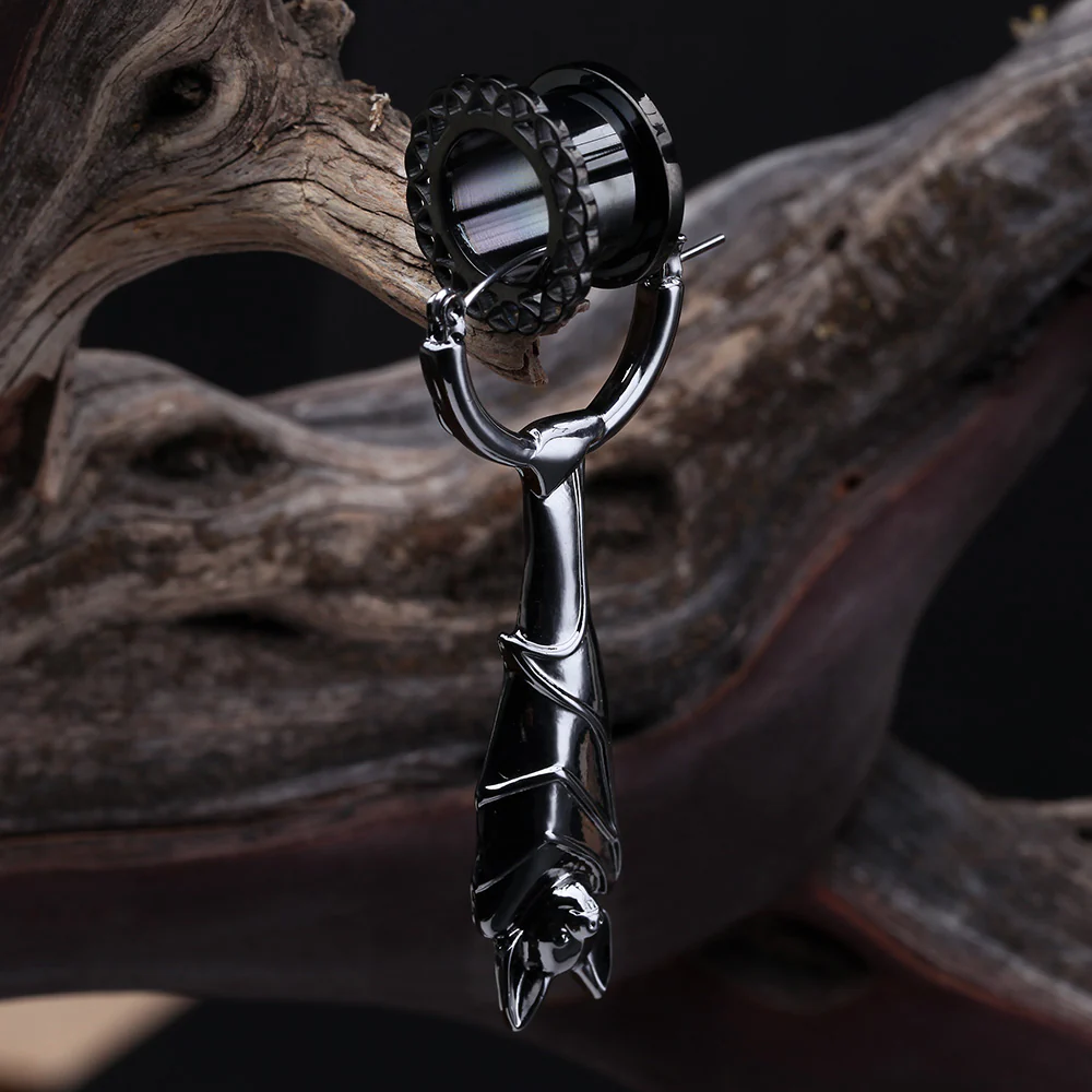 A Pair of Black Hematite Hanging Bat Plug Hoop Earring - Image 3