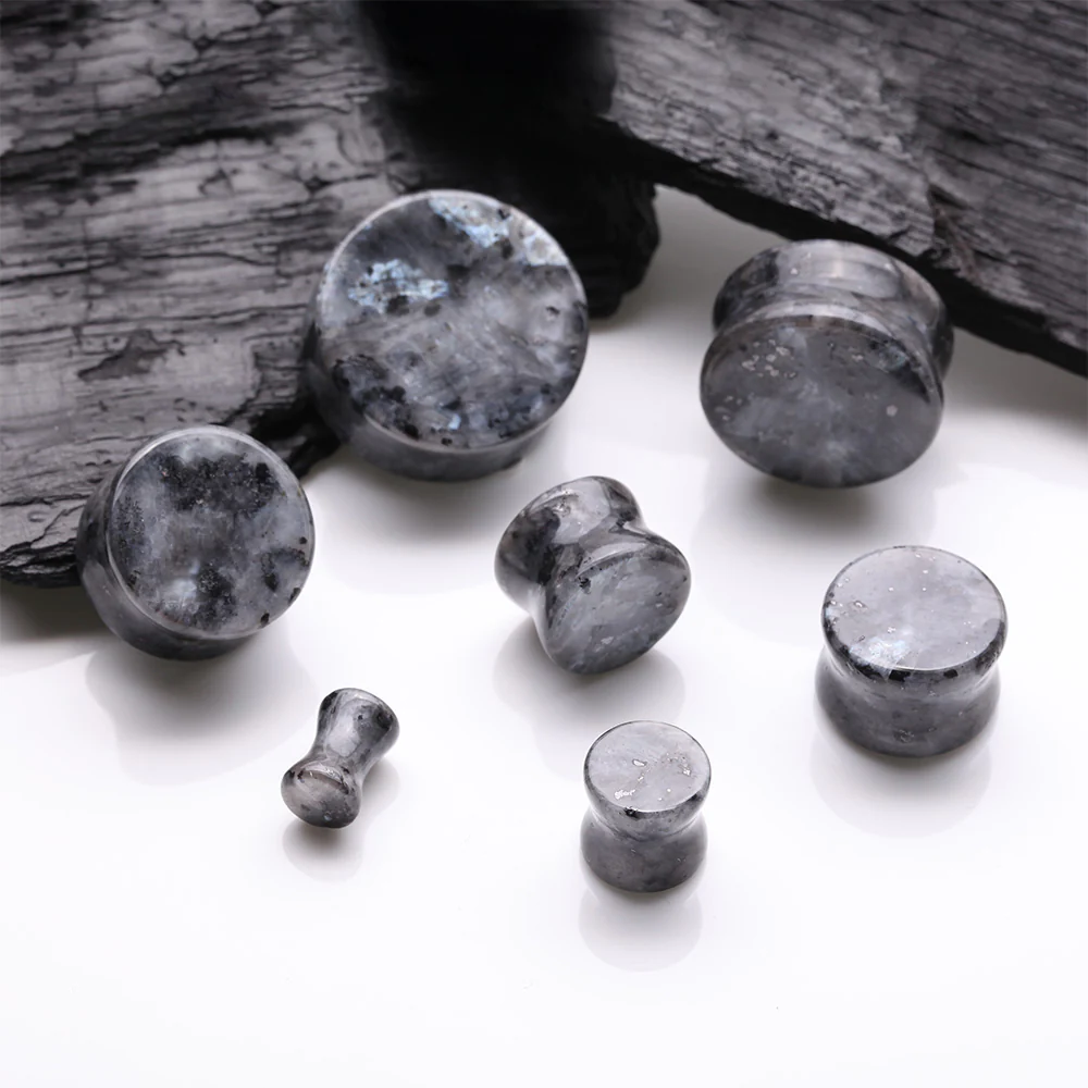 A Pair of Black Labradorite Stone Double Flared Plug - Image 3