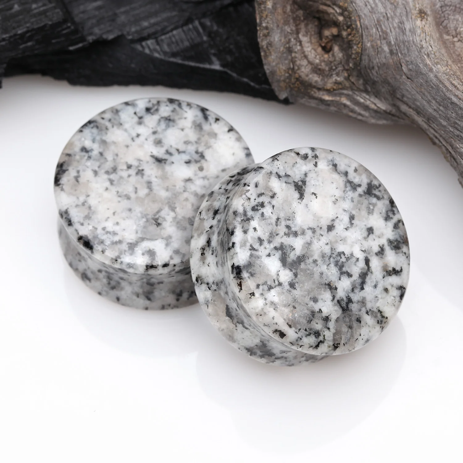 A Pair of Black Sesame Stone Double Flared Ear Gauge Plug - Image 2