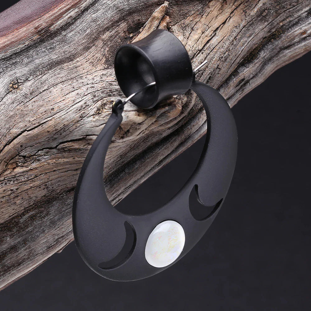 A Pair of Black Triple Goddess Iridescent Moon Plug Hoop Earring - Image 3