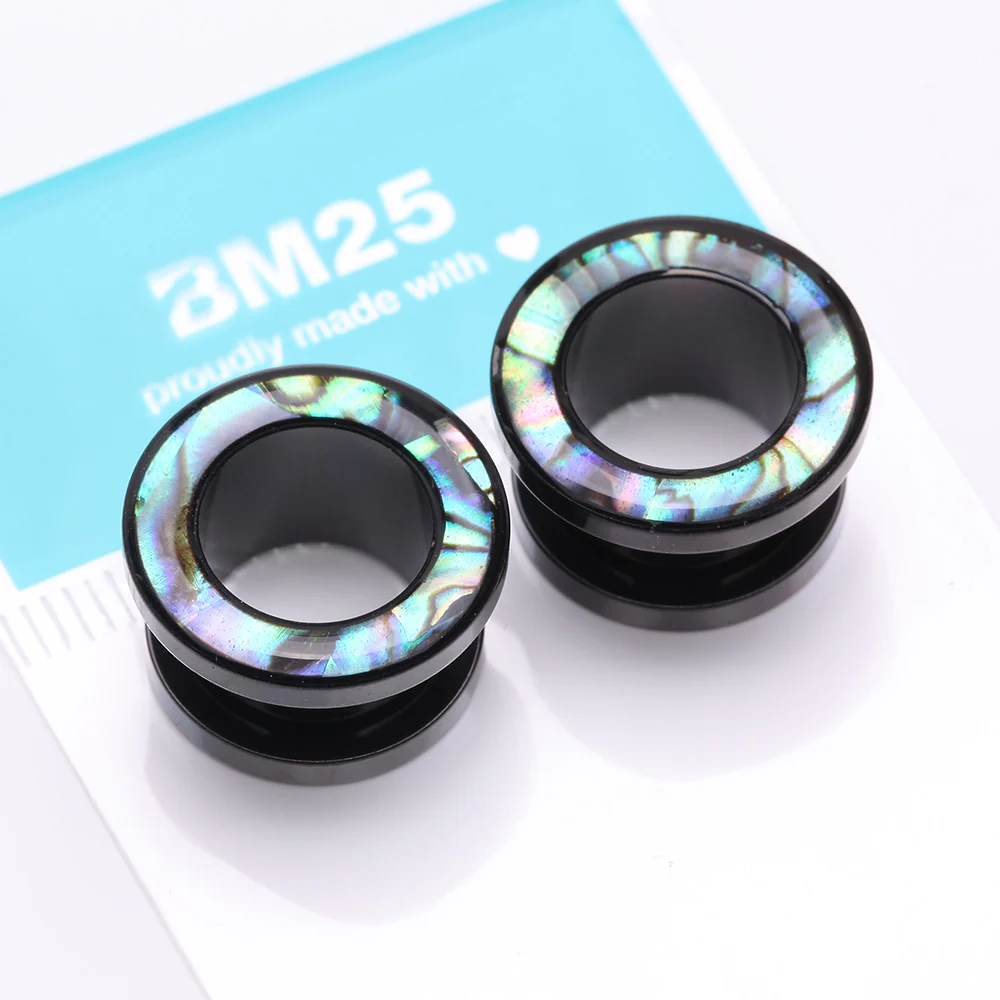 A Pair of Blackline Abalone Rimmed Steel Screw-Fit Tunnel Plug - Image 4