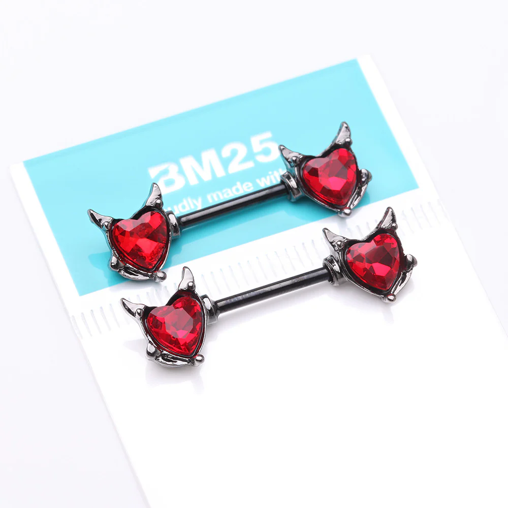 A Pair of Blackline Devil Heart Sparkle Nipple Barbell - Image 4