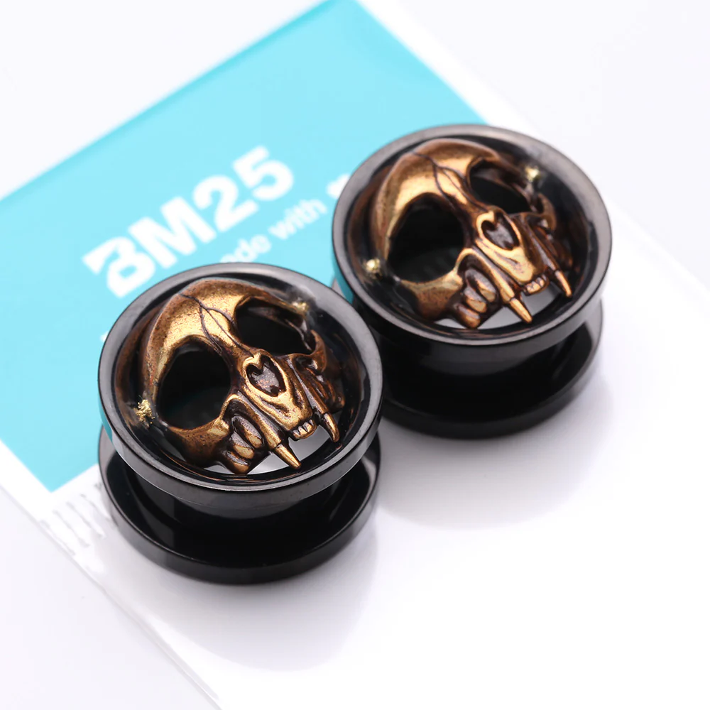 A Pair of Blackline Golden Rustic Skull Screw-Fit Tunnel Plug - Image 4