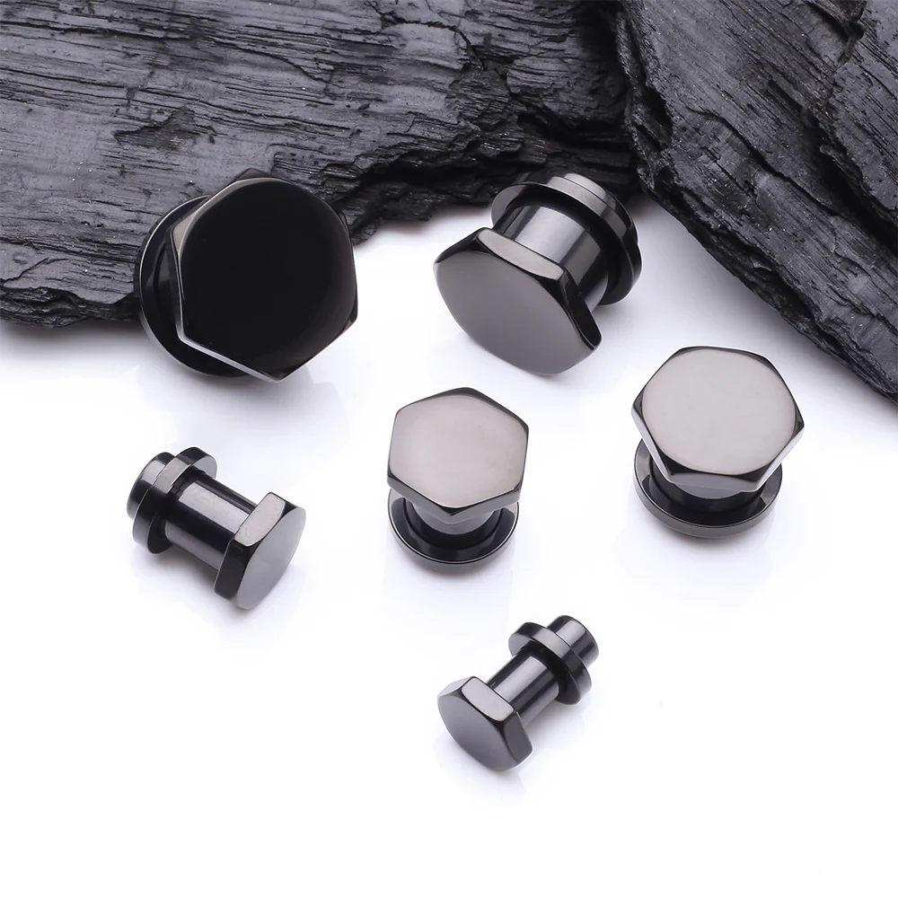 A Pair of Blackline Hexa Nut Push-Fit Single Flared Ear Gauge Plug - Image 3