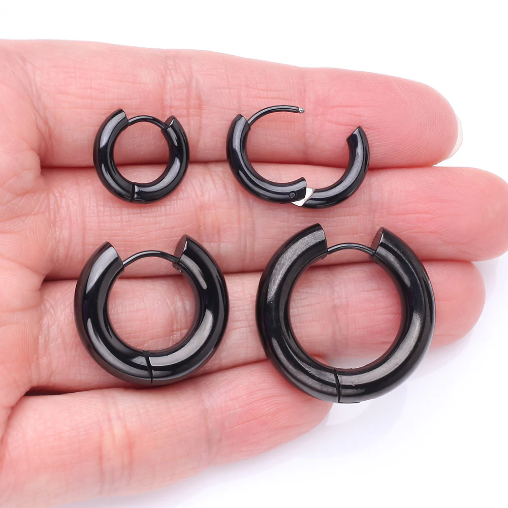 A Pair of Blackline Simple Hinged Huggie Hoop Steel Earring - Image 3