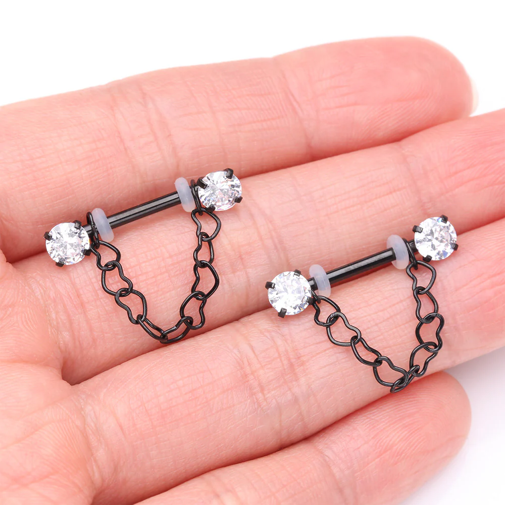 A Pair of Blackline Sparkle Chained Hollow Heart Internally Threaded Nipple Barbell - Image 3