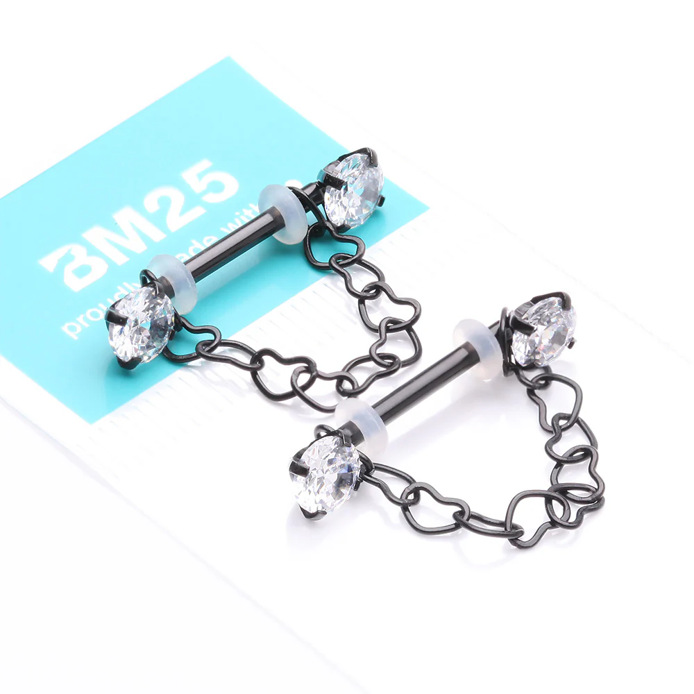 A Pair of Blackline Sparkle Chained Hollow Heart Internally Threaded Nipple Barbell - Image 4