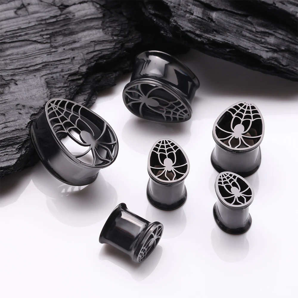 A Pair of Blackline Spider Webbed Teardrop Hollow Steel Tunnel Plug - Image 3