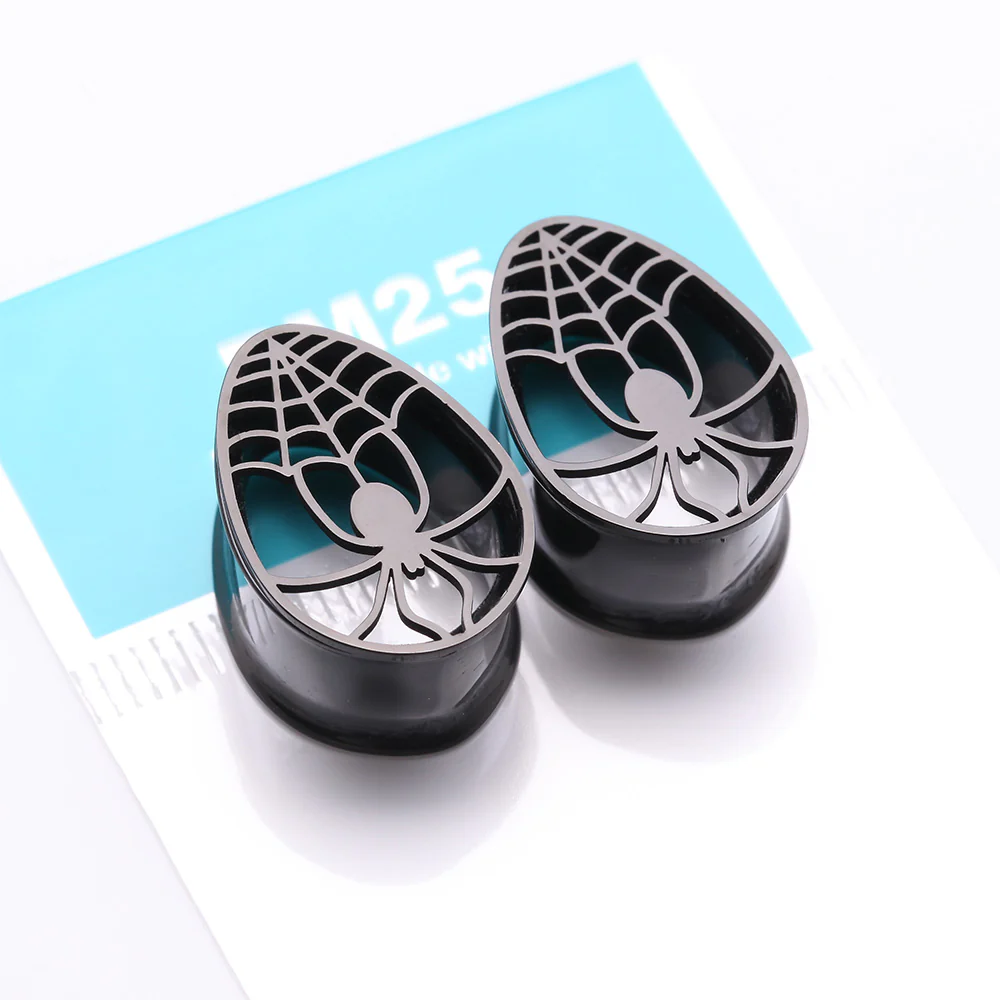A Pair of Blackline Spider Webbed Teardrop Hollow Steel Tunnel Plug - Image 4