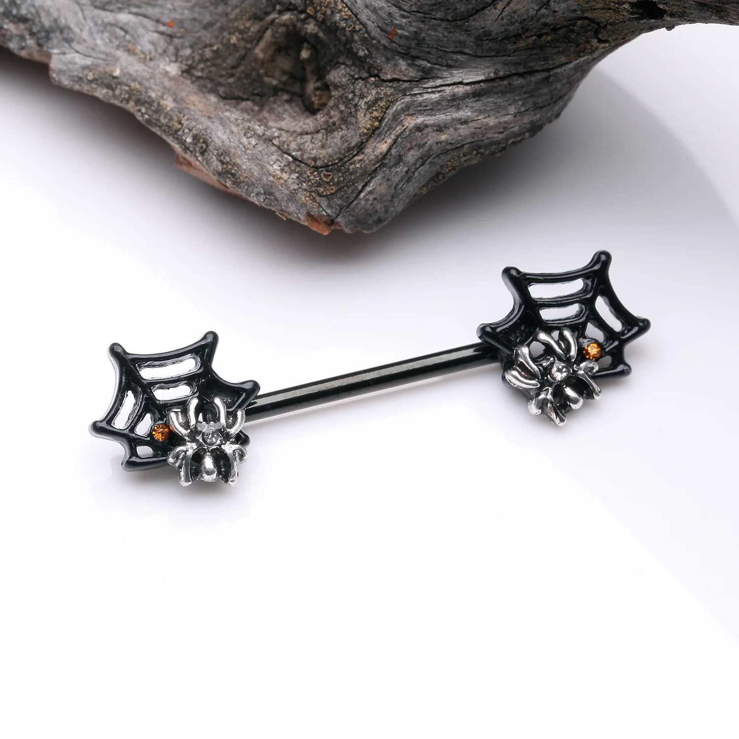 A Pair of Blackline Venom Spider Web Sparkle Steel Nipple Barbell - Image 2