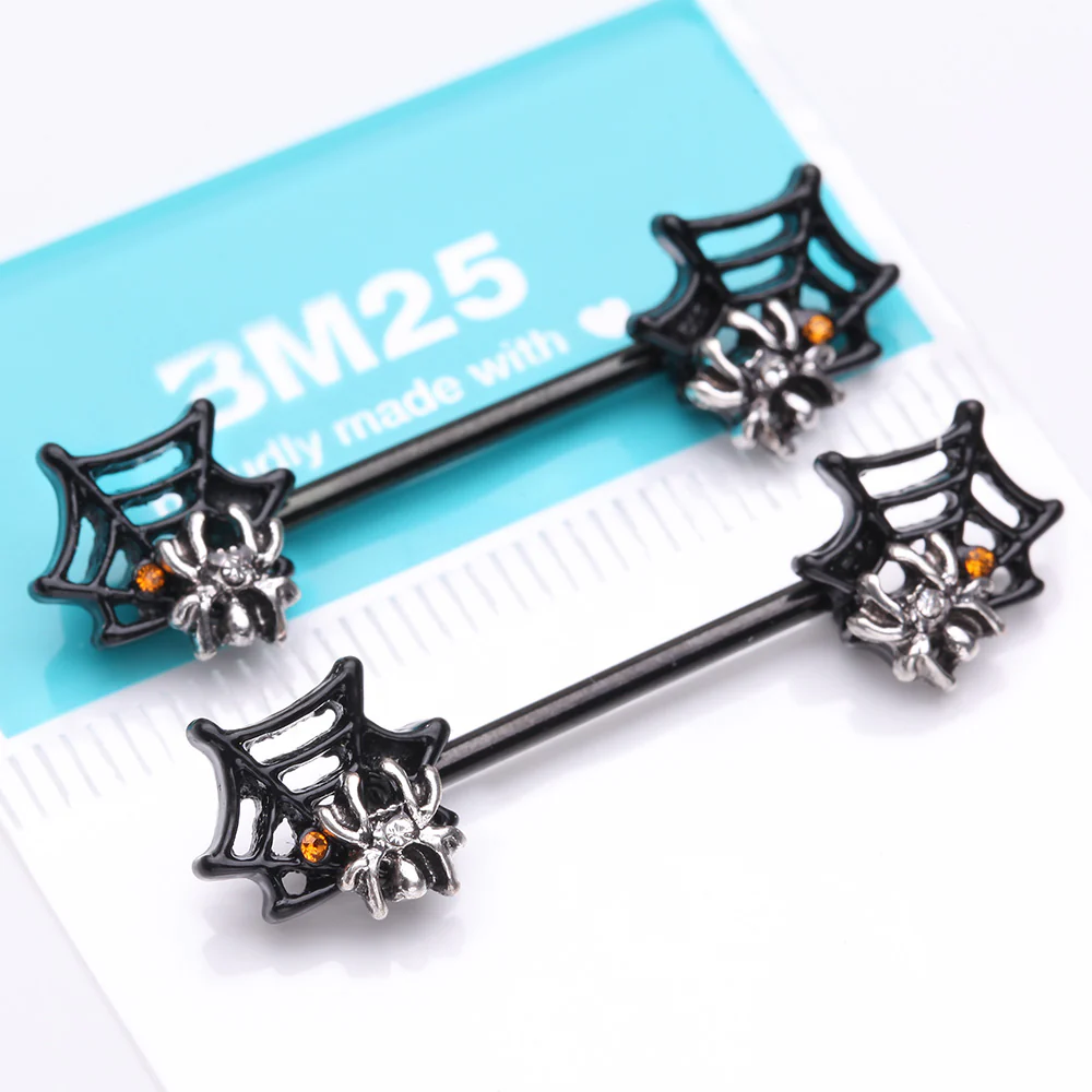 A Pair of Blackline Venom Spider Web Sparkle Steel Nipple Barbell - Image 3