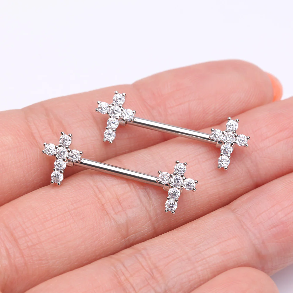 A Pair of Brilliant Sparkle Cross Multi-Gem Nipple Barbell - Image 3