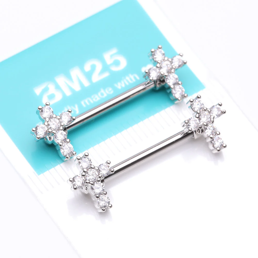 A Pair of Brilliant Sparkle Cross Multi-Gem Nipple Barbell - Image 5