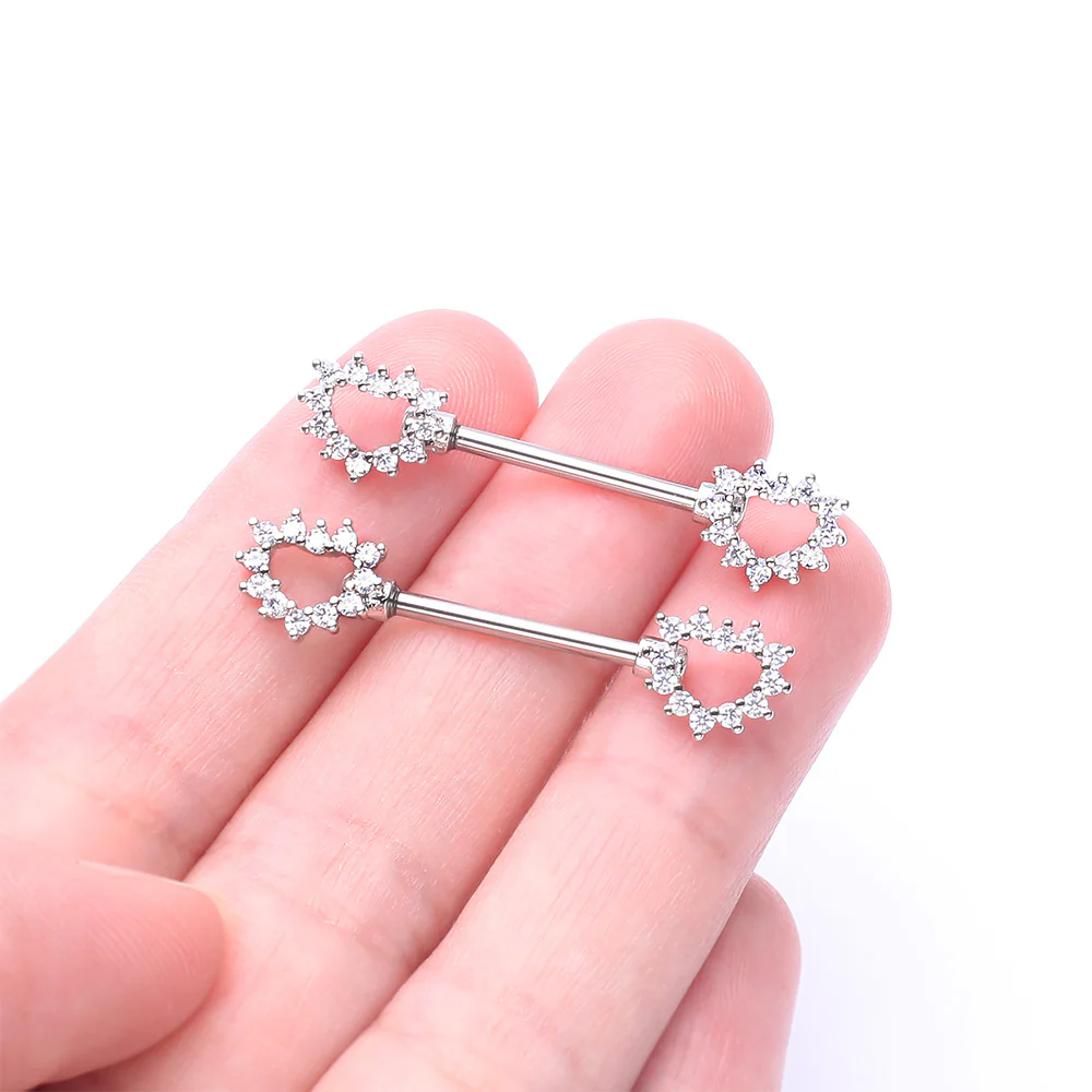 A Pair of Brilliant Sparkle Hollow Heart Nipple Barbell - Image 3