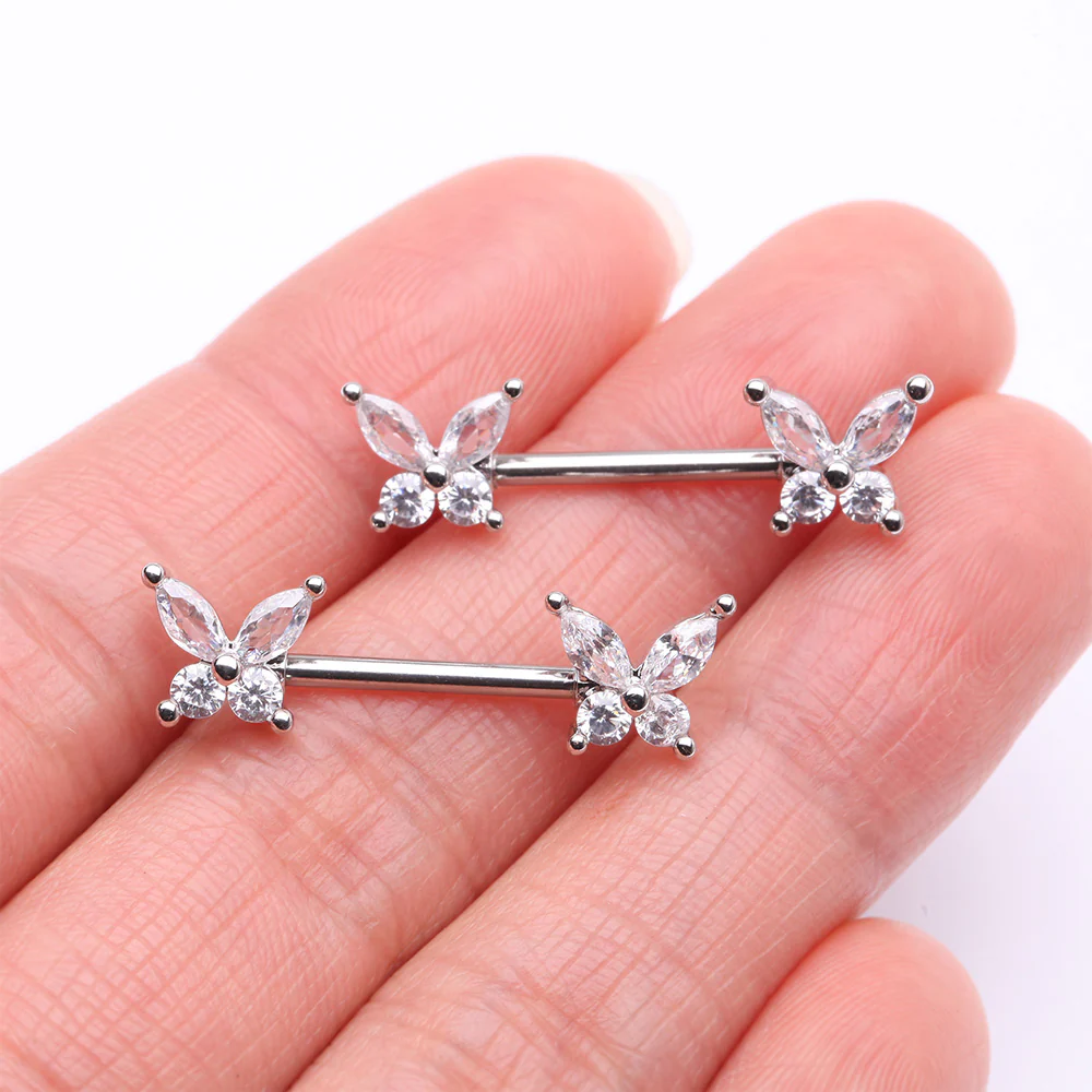 A Pair of Brilliant Sparkle Marquise Butterfly Nipple Barbell - Image 3