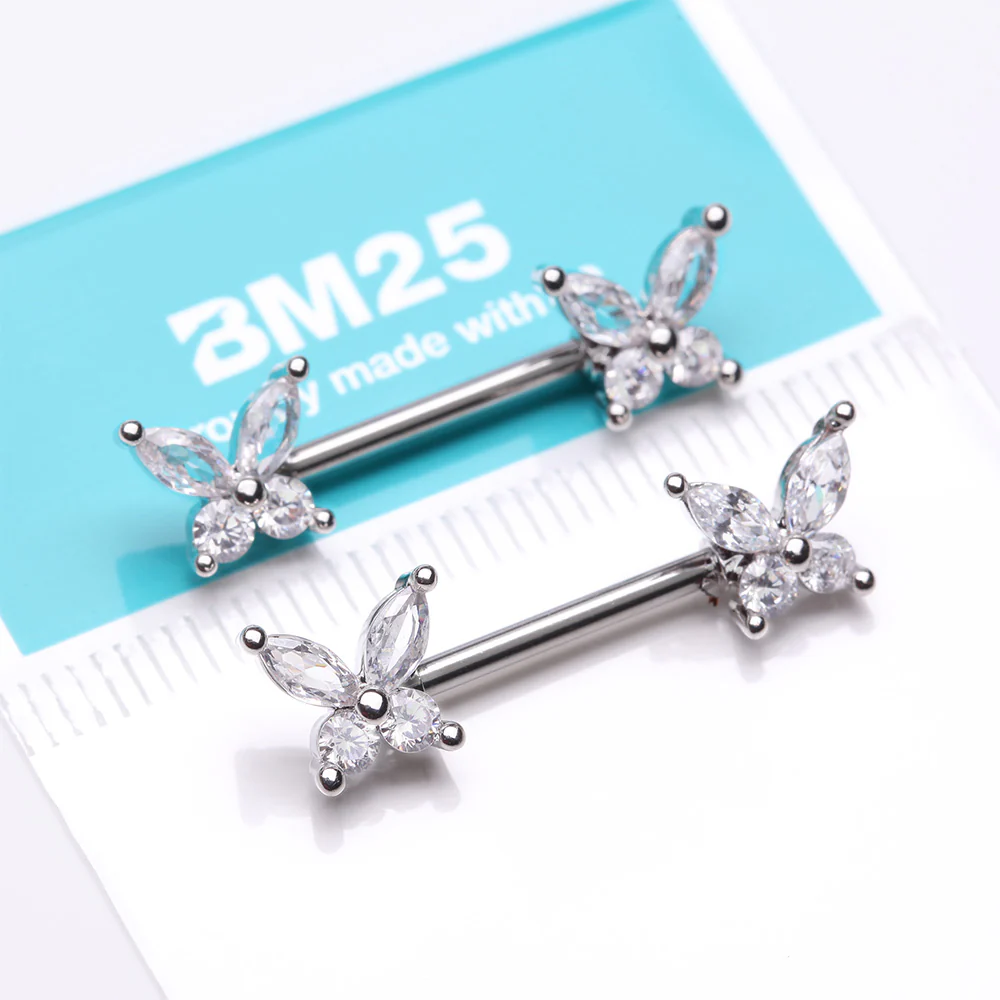 A Pair of Brilliant Sparkle Marquise Butterfly Nipple Barbell - Image 4