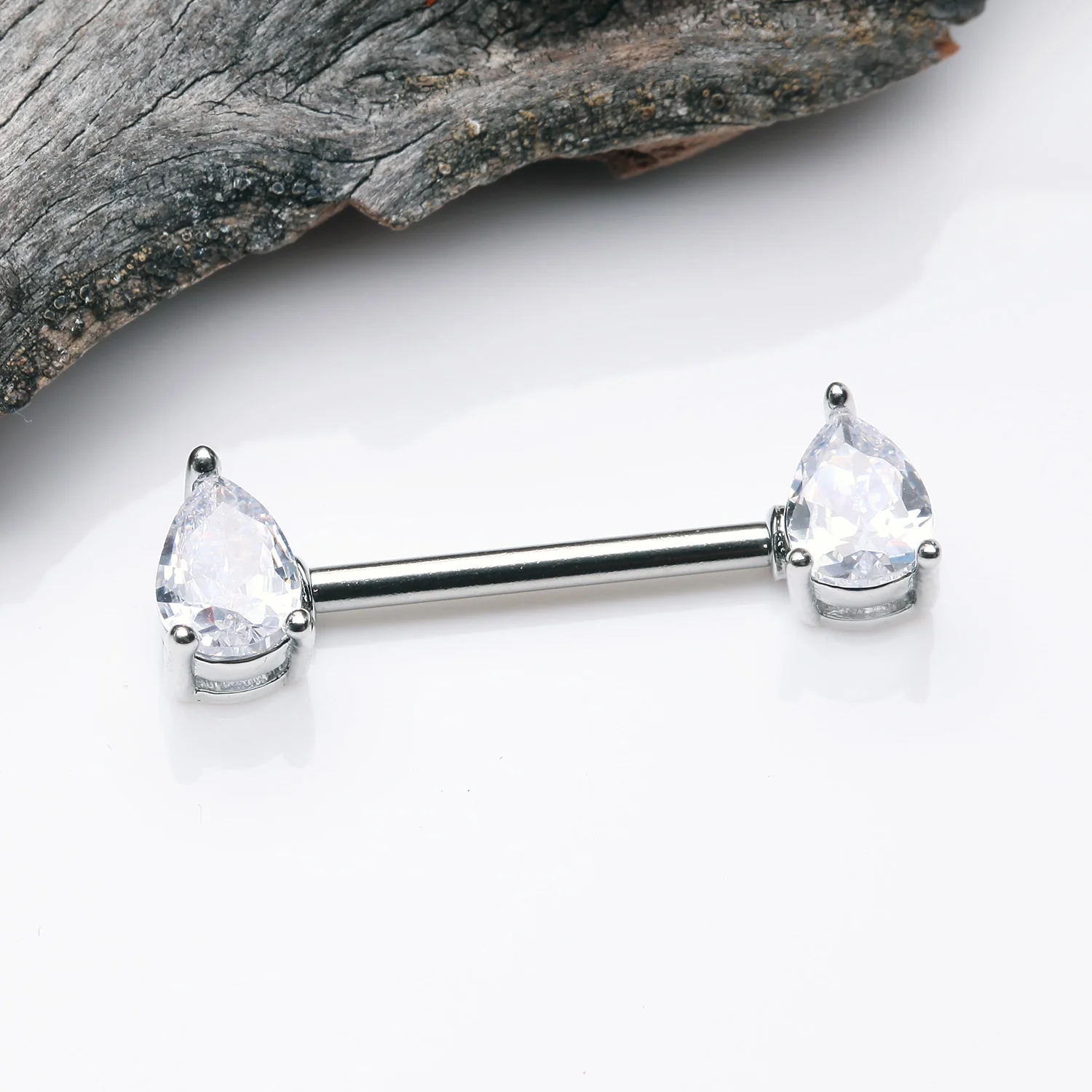 A Pair of Brilliant Teardrop Prong Sparkle Nipple Barbell - Image 2