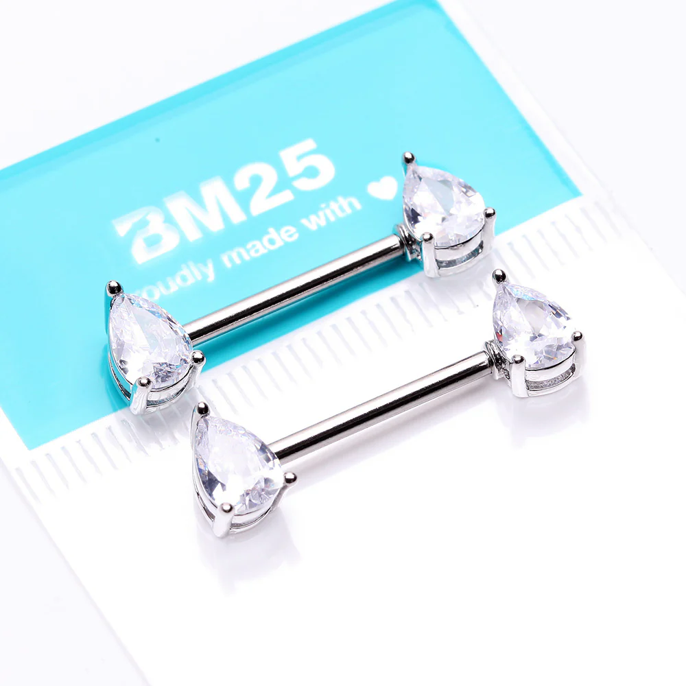 A Pair of Brilliant Teardrop Prong Sparkle Nipple Barbell - Image 3